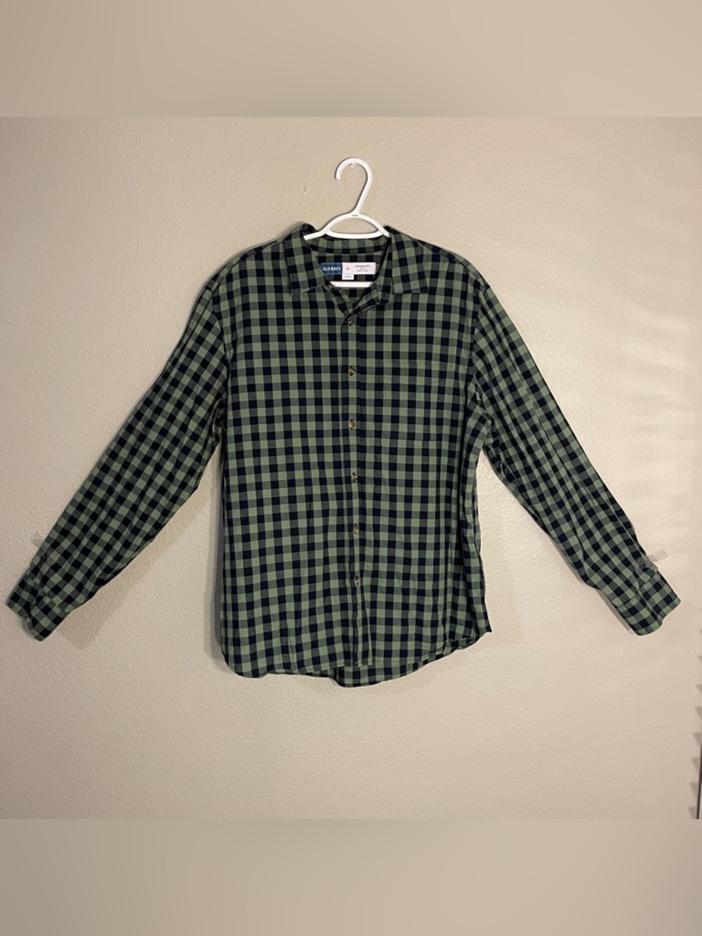 OLD NAVY EVERYDAY SHIRT XL BUILT-IN FLEX Men's Dark Green Blue Plaid Button Down